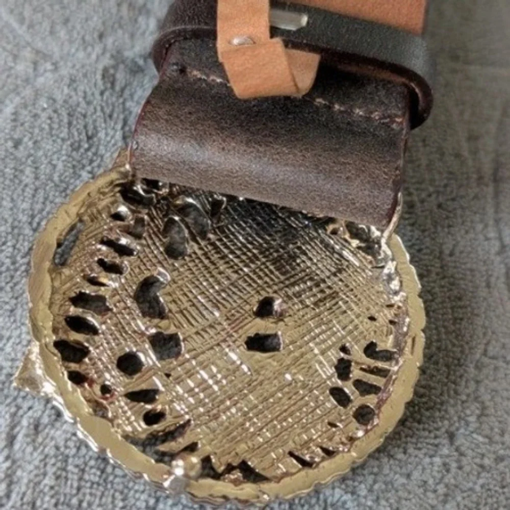 John Richmond Brown Leather Belt Gold Eagle Logo Buckle Made in Italy 85/44‎
